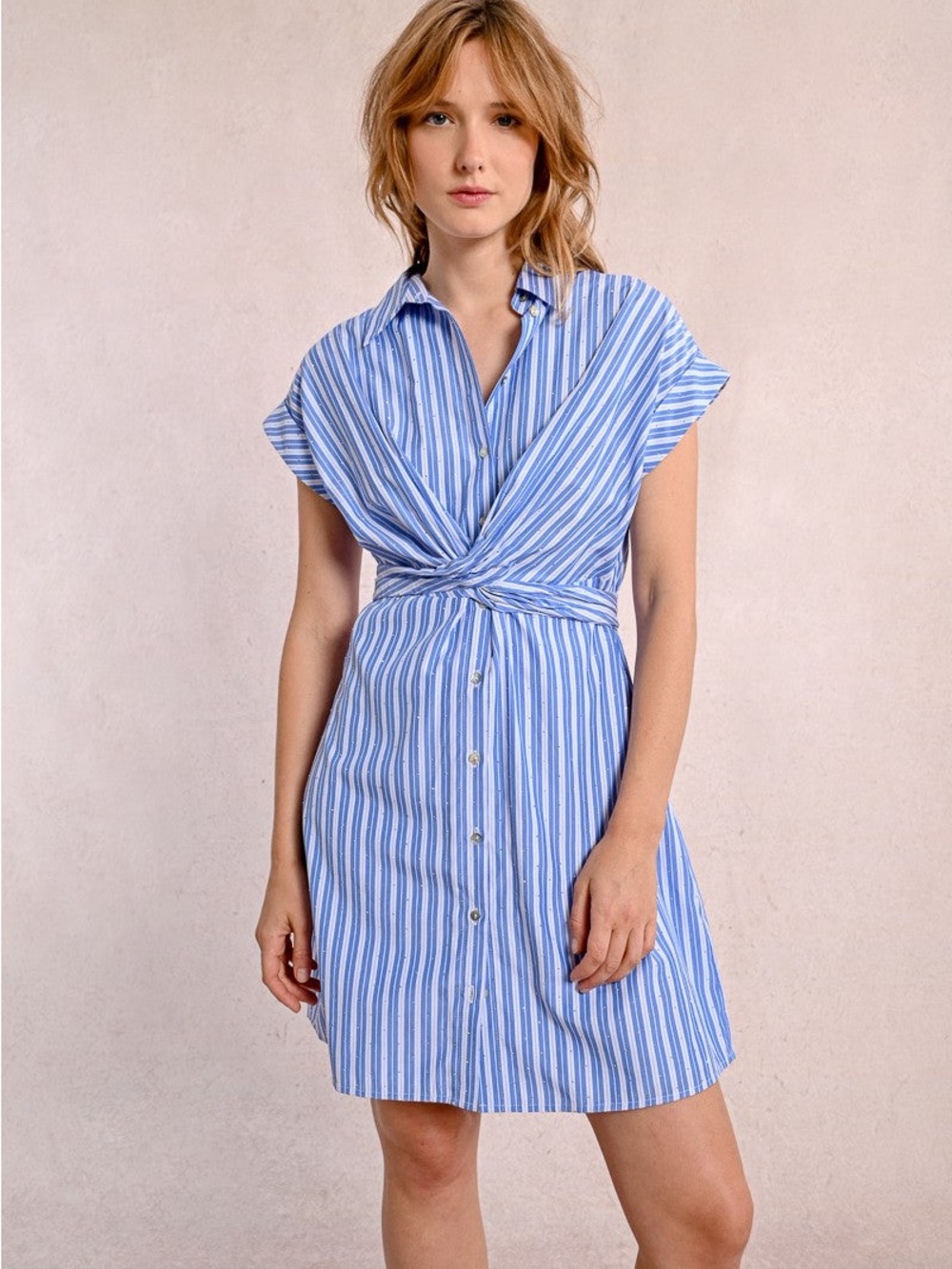 Molly Bracken Rhinestone Blue & White Striped Tie-Waist Shirt Dress
